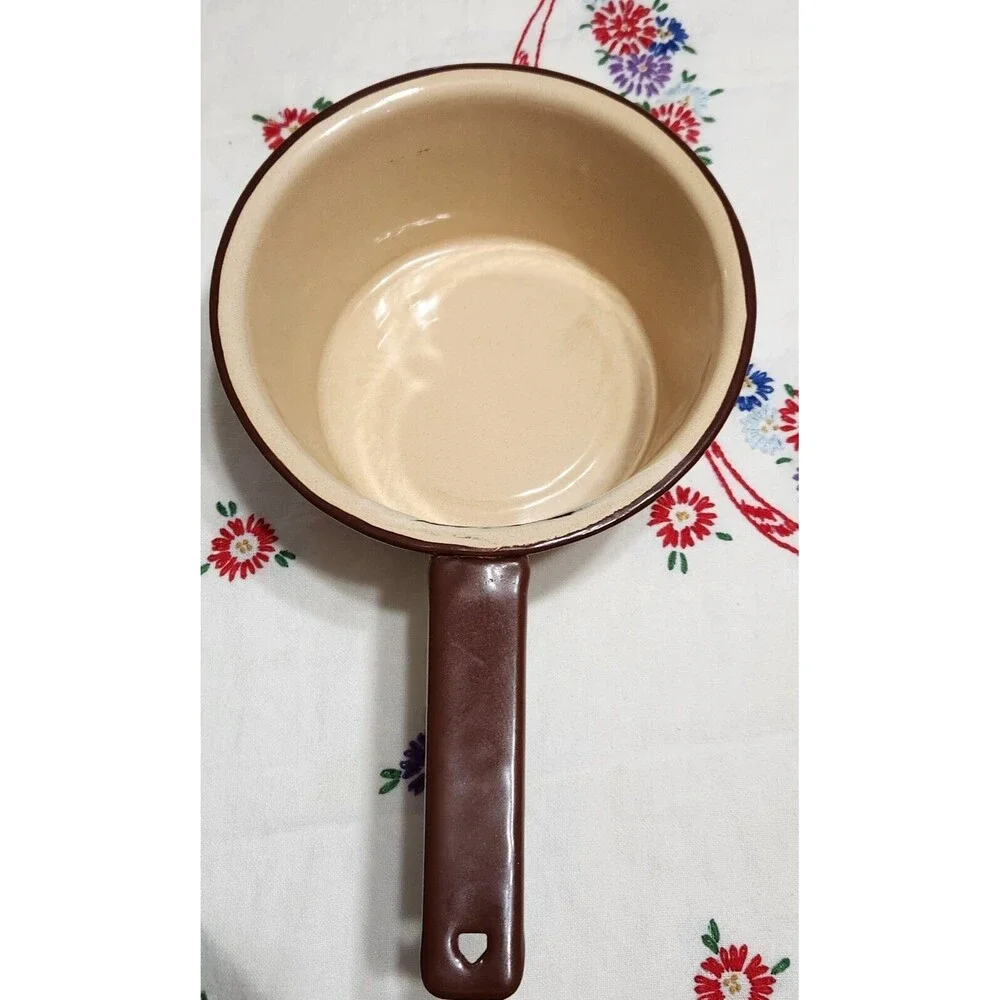 Set of 2 Enamelware Sauce Pans Light Speckle Beige & Brown Enamel